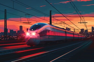 Fototapeta premium An illustration of a high-speed electric train at dusk, with its headlights piercing the gathering darkness, and the city lights starting to twinkle in the background, creating a sense of rapid transi