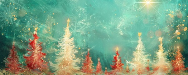 Christmas Trees in Foggy Winter Landscape with Starry Sky, Fantasy Style Digital Art Illustration Background