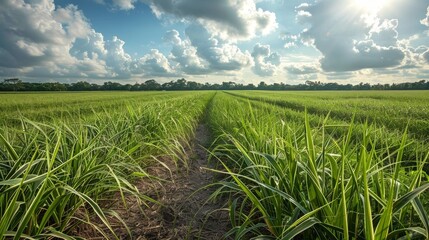 Green sugarcane field under blue sky and white clouds.