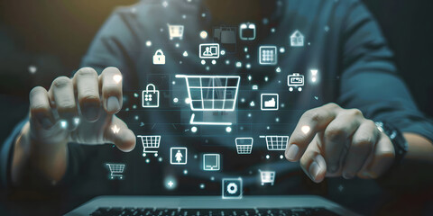 Fototapeta premium Business ecommerce concept. Man touch virtual online shopping icons for Internet shopping, online purchases, e-commerce stores, online business, shopping on the Internet design