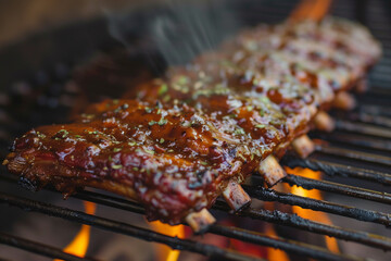 Delicious, juicy rib cooking on barbecue covered in generous amount of sauce and smoke rising from grill.