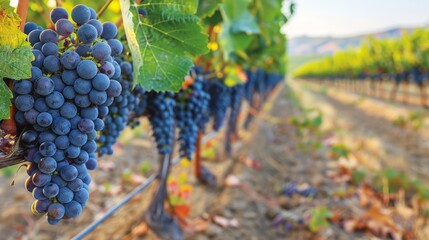 Naklejka premium A lush vineyard with ripe, plump grapes ready to be harvested.
