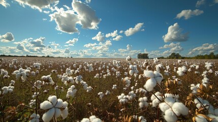 A large cotton field with white cotton and blue sky with clouds in the background.