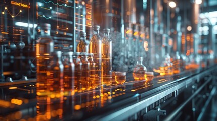 A computer generated image of a factory floor with many bottles