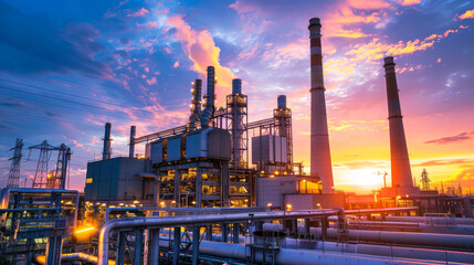 Sunset over industrial complex with emissions