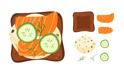 Smoked salmon on toast. Flat hand drawn breakfast illustration of sandwich with mozzarela, cucumber and microgreen. Yummy healthy snack print for kitchen, menu, cafe.