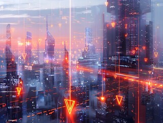Fototapeta premium Futuristic 3D Cityscape with Holographic Arrows Signaling Investment Growth