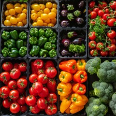 A colorful assortment of vegetables including tomatoes, peppers, broccoli