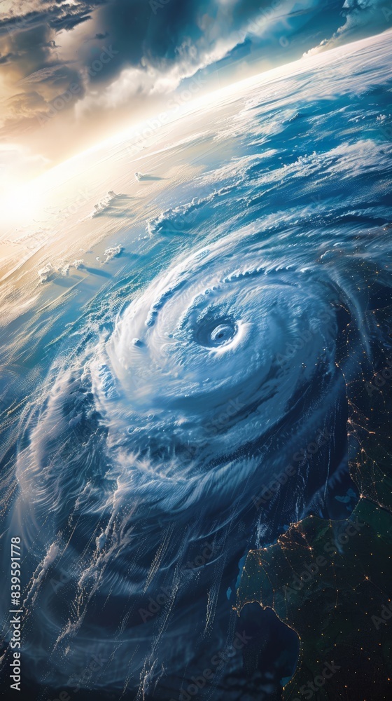 Poster powerful hurricane over the atlantic ocean as seen from space. capturing the intensity and scale of 