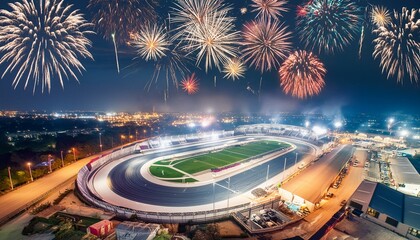 Racing track aerial view at night with fireworks, celebrating of 4th july
