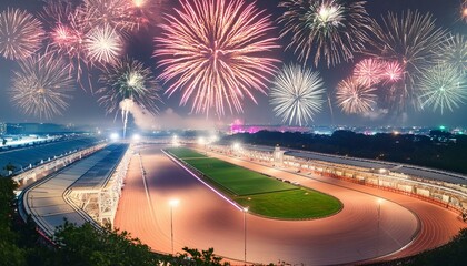 Racing track aerial view at night with fireworks, celebrating of 4th july