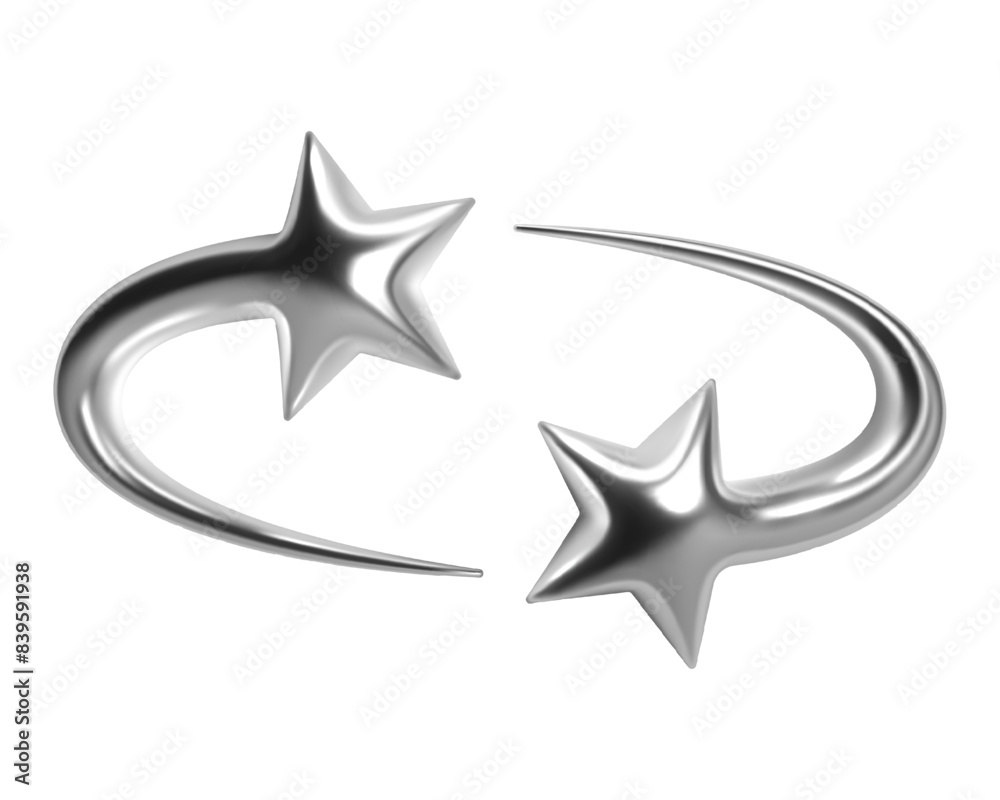 Wall mural 3d chrome shooting star shapes with curved tails. abstract y2k style, shiny metallic silver surface.