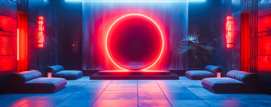 A vibrant, glowing red neon circle pulsates with intense light on a dark, reflective background, creating a mesmerizing and abstract visual experience for modern design