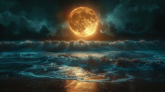 Serene Moonlit Beach with Double Exposure Silhouette - Cinematic Close Up with Copy Space for Text - Powered by Adobe