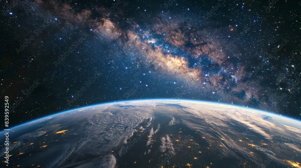 Poster stunning view of earth from space with the milky way galaxy in the background. cosmic beauty and spa