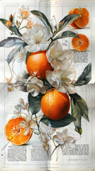 Botanical illustration in vintage style with fruits and flowers of clementine on a sheet of old newspaper or book background. Retro style. Pastel tones. AI Generated