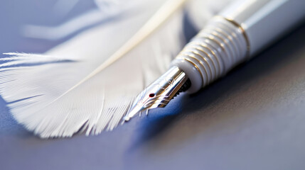 Naklejka premium Close-Up of Elegant Fountain Pen with White Feather on Blue Background. Concept for Writing, Creativity, and Literature.