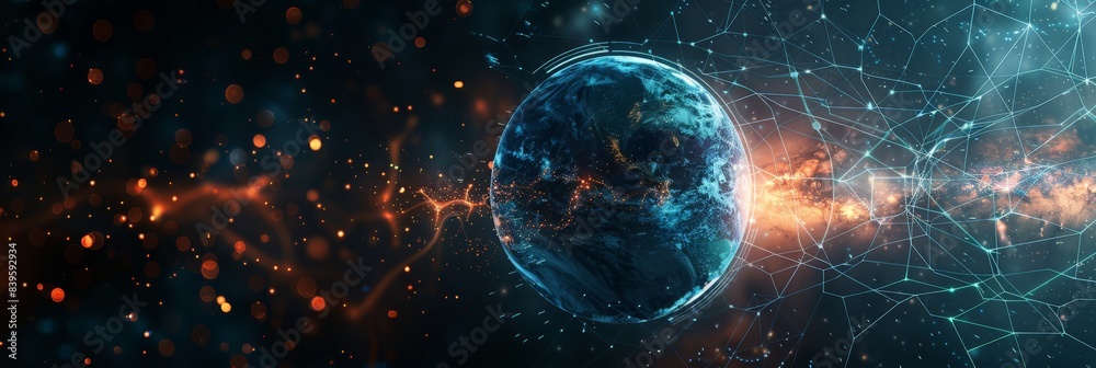 Poster Digital illustration of Earth with network connections and glowing data points, representing global communication and technology. Ideal for digital and tech themes