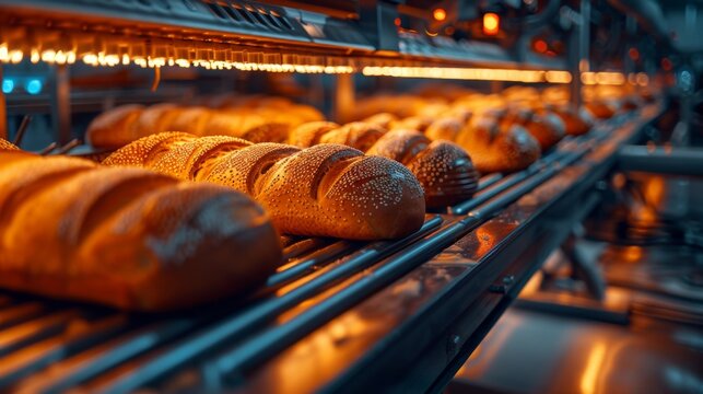 A conveyor belt of freshly baked bread with a warm, inviting glow