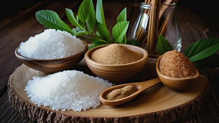 Assorted Types of Sugar in Wooden Bowls with Fresh Green Leaves on Rustic Background