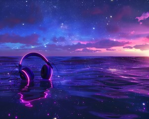 Glowing Silent Disco Beach Party under Starry Skies with Neon Lights