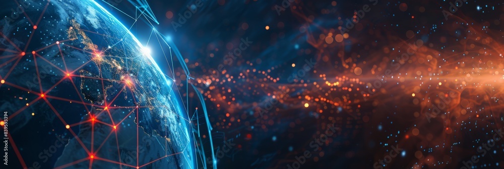 Aufkleber Earth seen from space with network connections and glowing data points highlighting global communication. Ideal for technology and digital communication themes