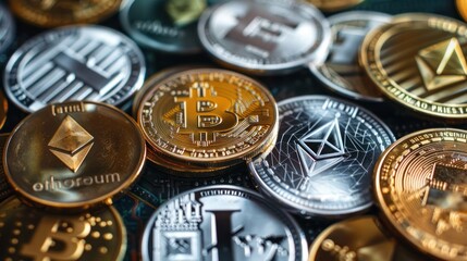 Various types of cryptocurrencies close-up