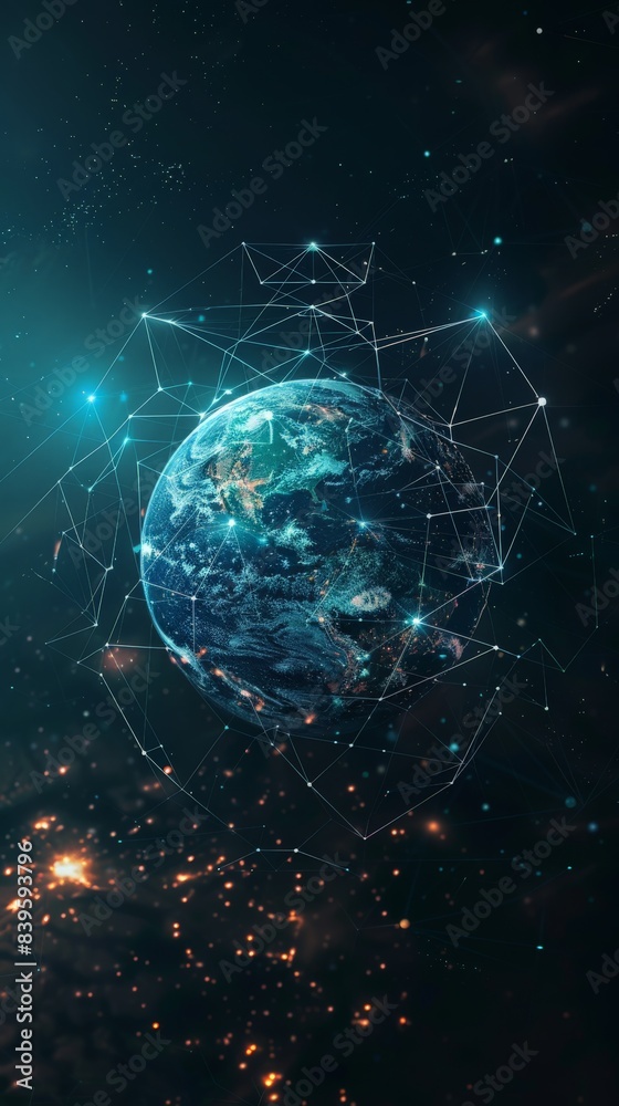 Poster digital network around earth highlighting global connectivity and data exchange. represents technolo