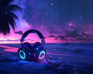 Mesmerizing Silent Disco Beach Party Under Starry Skies with Glowing Headphones and Neon Lights
