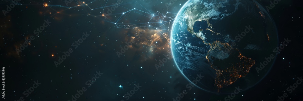 Aufkleber Earth with interconnected lines symbolizing a global network and communication against a starry backdrop. Represents technology and digital transformation