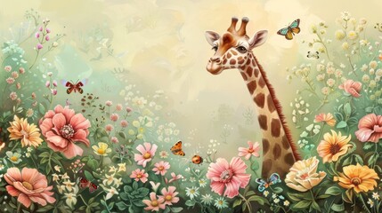 Majestic Giraffe Roaming a Serene Meadow Garden