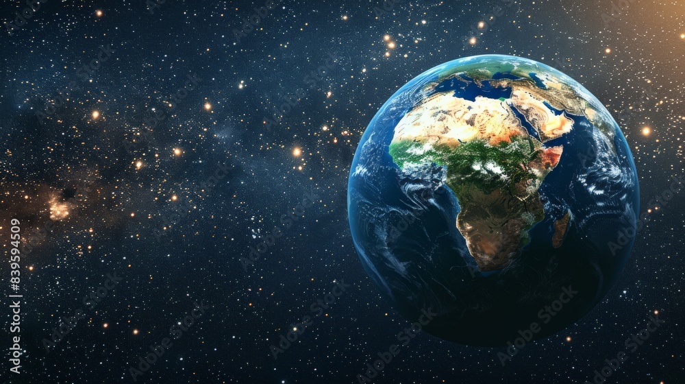 Poster beautiful view of earth from space highlighting the african continent with stars in the background. 