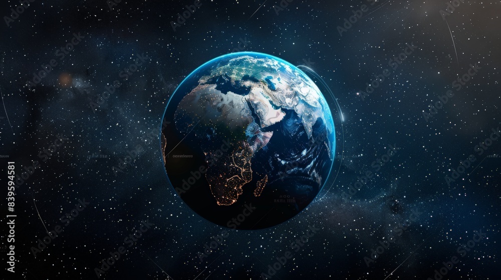 Poster Earth with glowing network lines and nodes representing global communication and data exchange. Ideal for technology and digital transformation themes