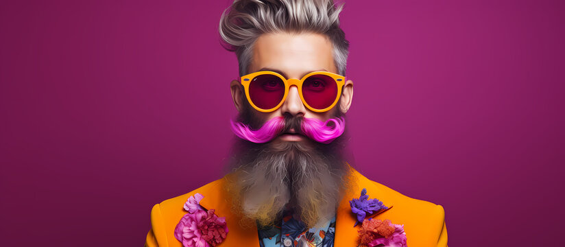 Man bearded pink moustache, A stylish elderly person modeling an eclectic and vibrant attire against a bright pink backdrop