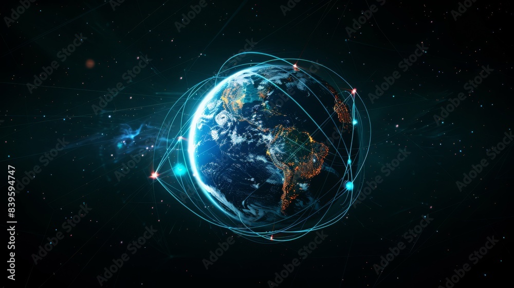 Aufkleber Spectacular view of Earth from space with glowing network lines representing global communication. Ideal for technology and digital themes