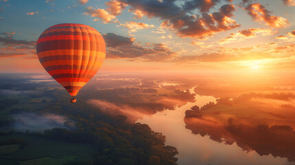 Hot air balloon flying over river at sunset. Generative by AI