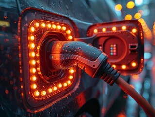 EV charging port closeup with green energy symbols, futuristic, holographic display