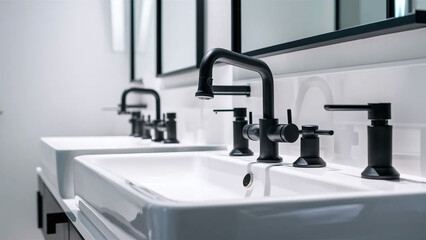 minimalist white washbasin sink with black fixtures