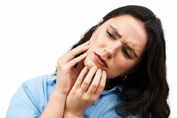 Tooth Ache Before Visit Dentist. Suffering Young Woman With Painful Toothache On White Background. Attractive Girl with Toothache Touches Her Cheek And Feel Pain in Her Teeth.