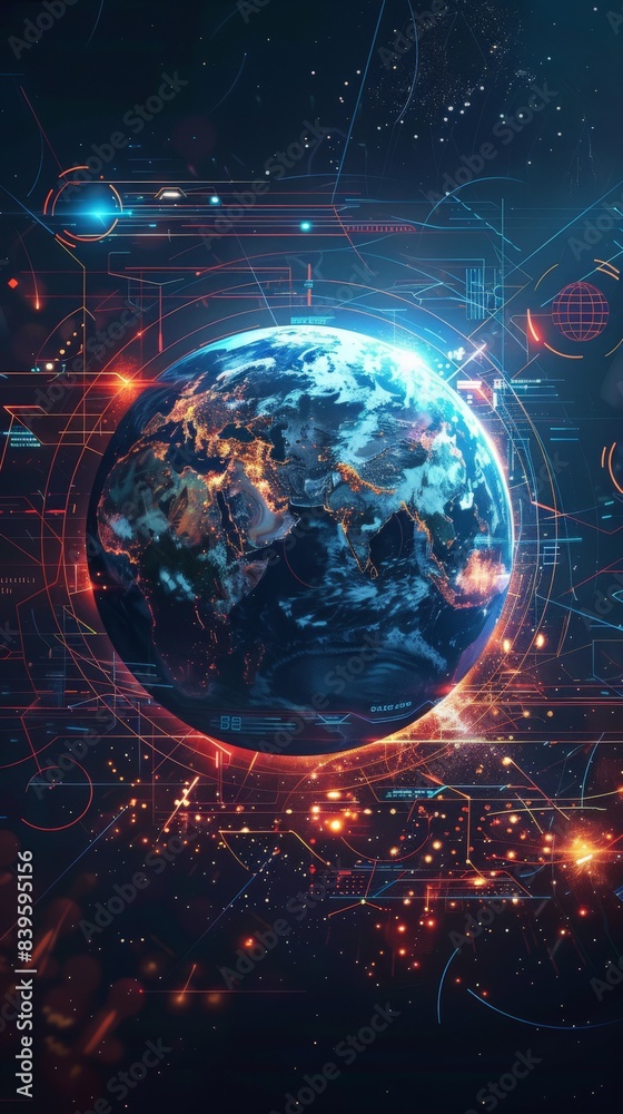 Poster Digital view of Earth from space with glowing network connections representing global communication. Perfect for technology and digital themes