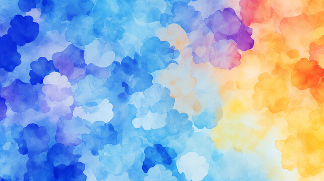 Watercolor blue, purple, yellow and orange flower background