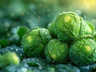 Fresh Brussels Sprouts with Water Droplets - Vibrant Green Double Exposure Silhouette with Morning Dew, Organic Harvest Concept