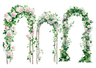 Watercolor green wedding venue arch landscape garden vector with blooming