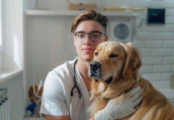 handsome veterinarian with stethoscope, holding, the golden dog clinic,giving  medicine,checking on  health of animals
