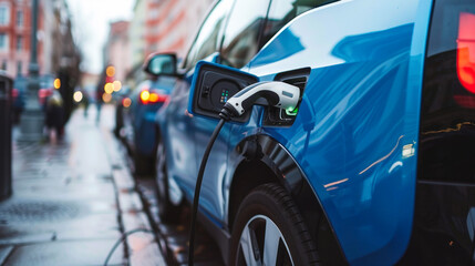 Naklejka premium Electric vehicle charging on city street