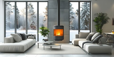 Modern living room stove burns pellets for a warm and inviting atmosphere. Concept Home Decor, Modern Interior Design, Pellet Stove, Cozy Ambiance, Sustainable Heating