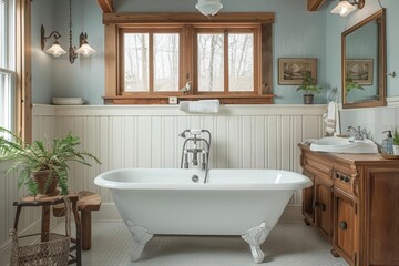 Fototapeta premium An elegant Craftsman bathroom with white beadboard walls and light blue walls The room features a pedestal sink with a porcelain basin