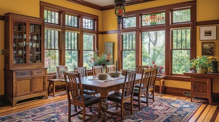 A charming Craftsman dining room with warm yellow walls and wooden flooring The room includes a large wooden dining table with straight lines