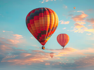 Obraz premium hot air balloon, of the sky flight in colorful summer sunset flying, adventure, travel in yellow and red balloons sport over the blue sky