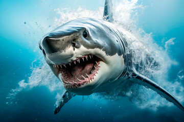 Fototapeta premium Close-up of a white shark with sharp teeth in an open mouth swimming in blue water